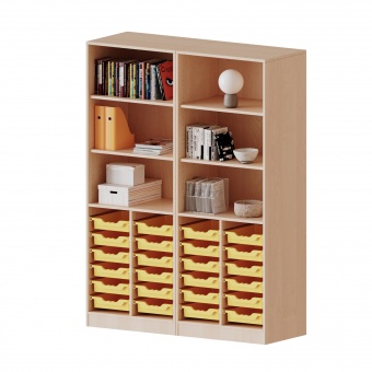 ErgoTray Regal, 4reihig, 5 OH, zweiteilig,unten 24 flache Boxen, oben 4 EB, B/H/T 140,6x190x40cm 